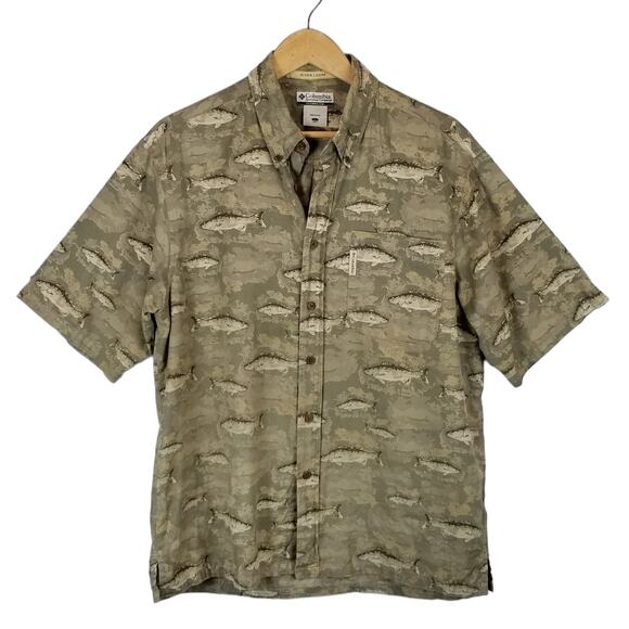 Columbia River Lodge Fish Camo Men's Short Sleeve Button Up Shirt Size L Large - Picture 1 of 7